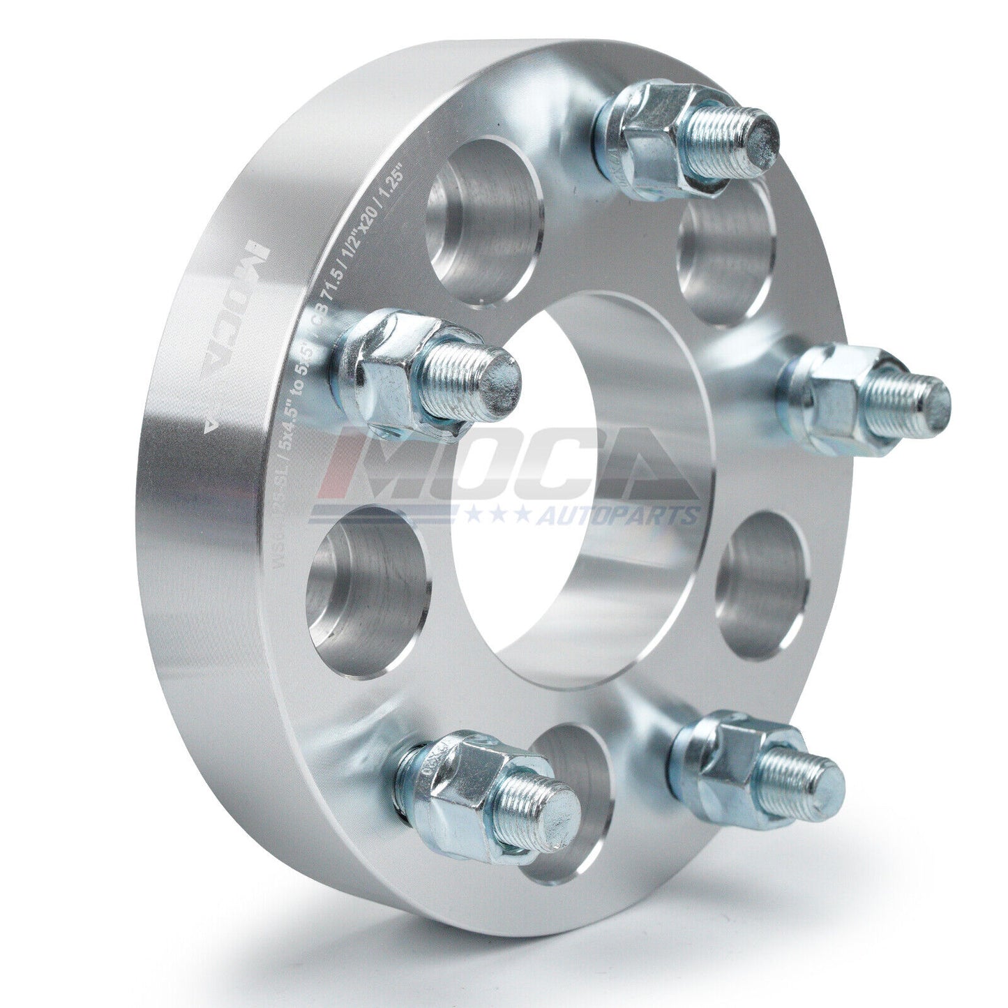 Adaptador de espaciadores de rueda MOCA de 5 x 4,5 a 5 x 5. Compatible con Ford Mustang 5,4 L (2008-2009), Ford Ranger 2,3 L (2008-2009), Jeep Compass 2,4 L (2008-2009) y más. Rosca de 32 mm, 1/2" x 20, 4 unidades, color plateado.