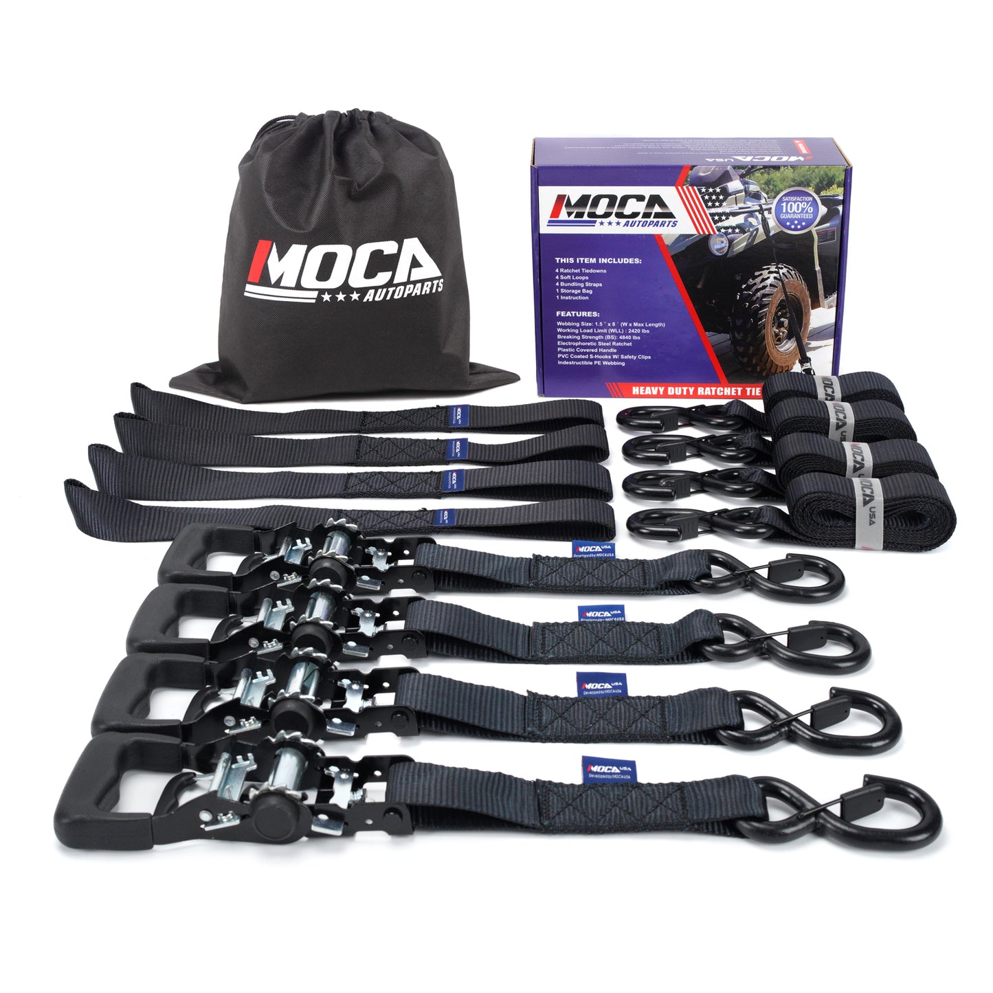 Heavy Duty Ratchet Tie Down Straps ï¼?.6 x 8 ft ï¼?200 Lbs Breaking Strength, 4 Pk Black Heavy Duty Cargo Straps & Soft Loops, Coated Full Bent Closed S-Hook & Padded Handles